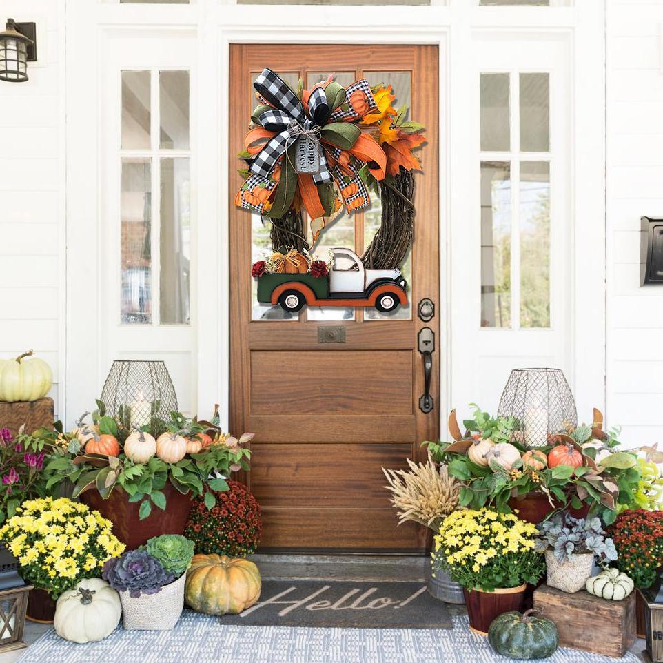 Farmhouse Pumpkin Truck Wreath - Autumn Nature Decoration
