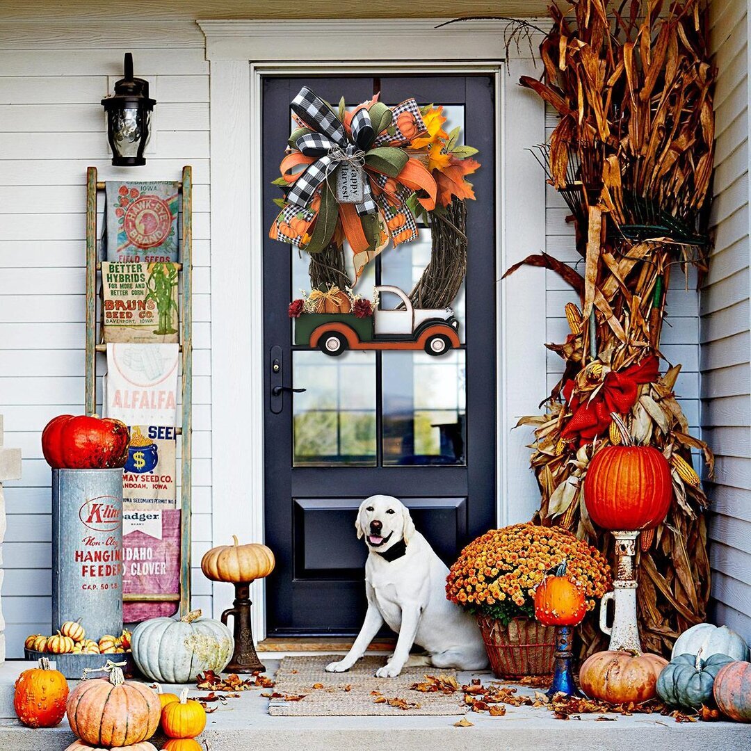Farmhouse Pumpkin Truck Wreath - Autumn Nature Decoration