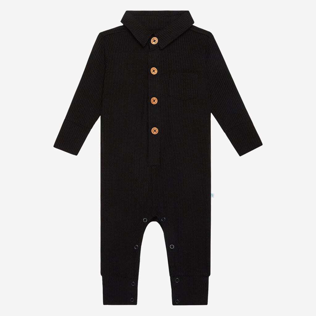 Black Ribbed Long Sleeve Collared Henley Romper
