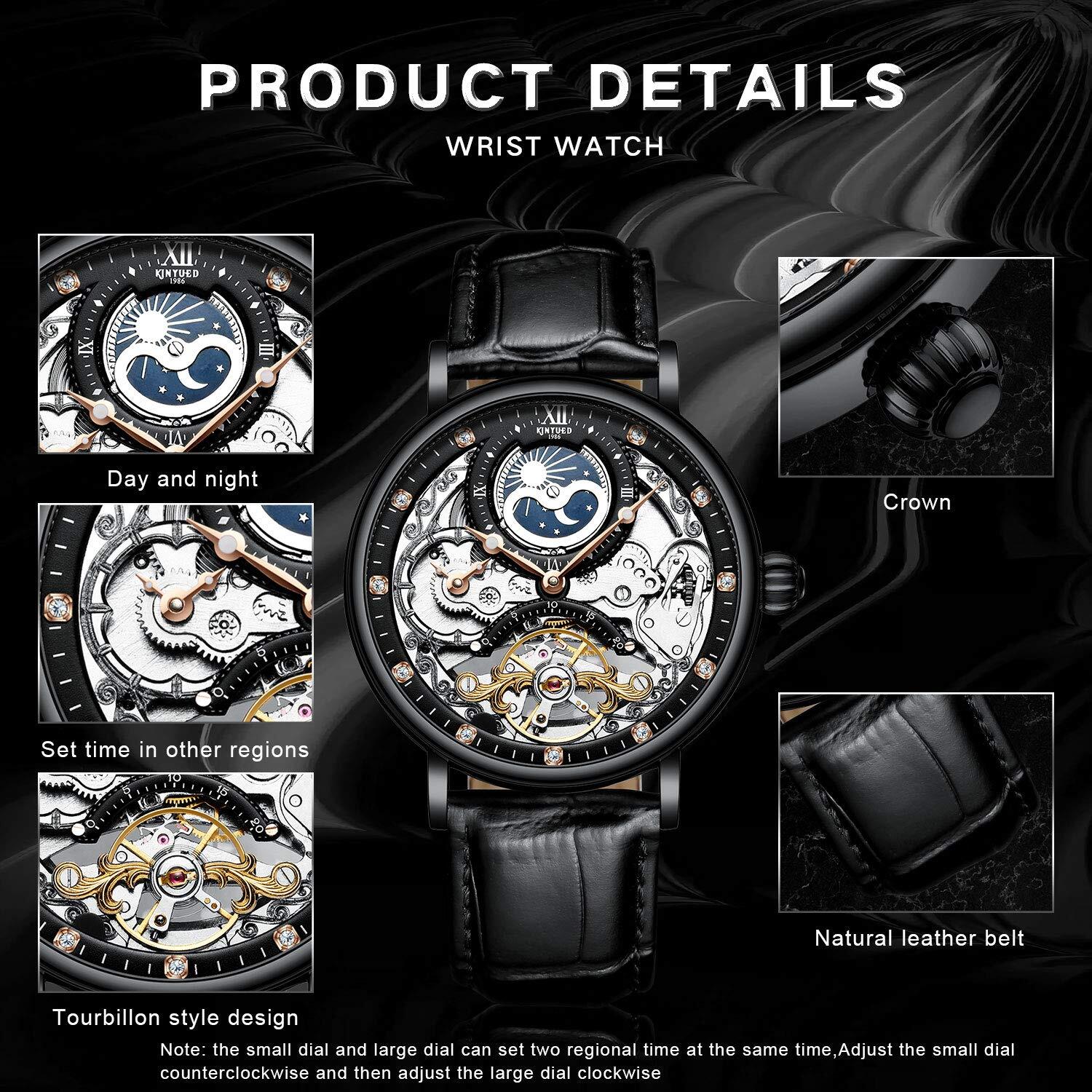 Mens Luxury Skeleton Automatic Mechanical Wrist Watches Leather Moon Phrase Luminous Hands Self-Wind Watch