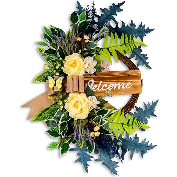Soosubel Half Coverage Wreath, 22 Inch Spring Wreaths for Front Door Outside,Artificial Wreath for Summer, Welcome Front Door Wreath for Farmhouse D-blue