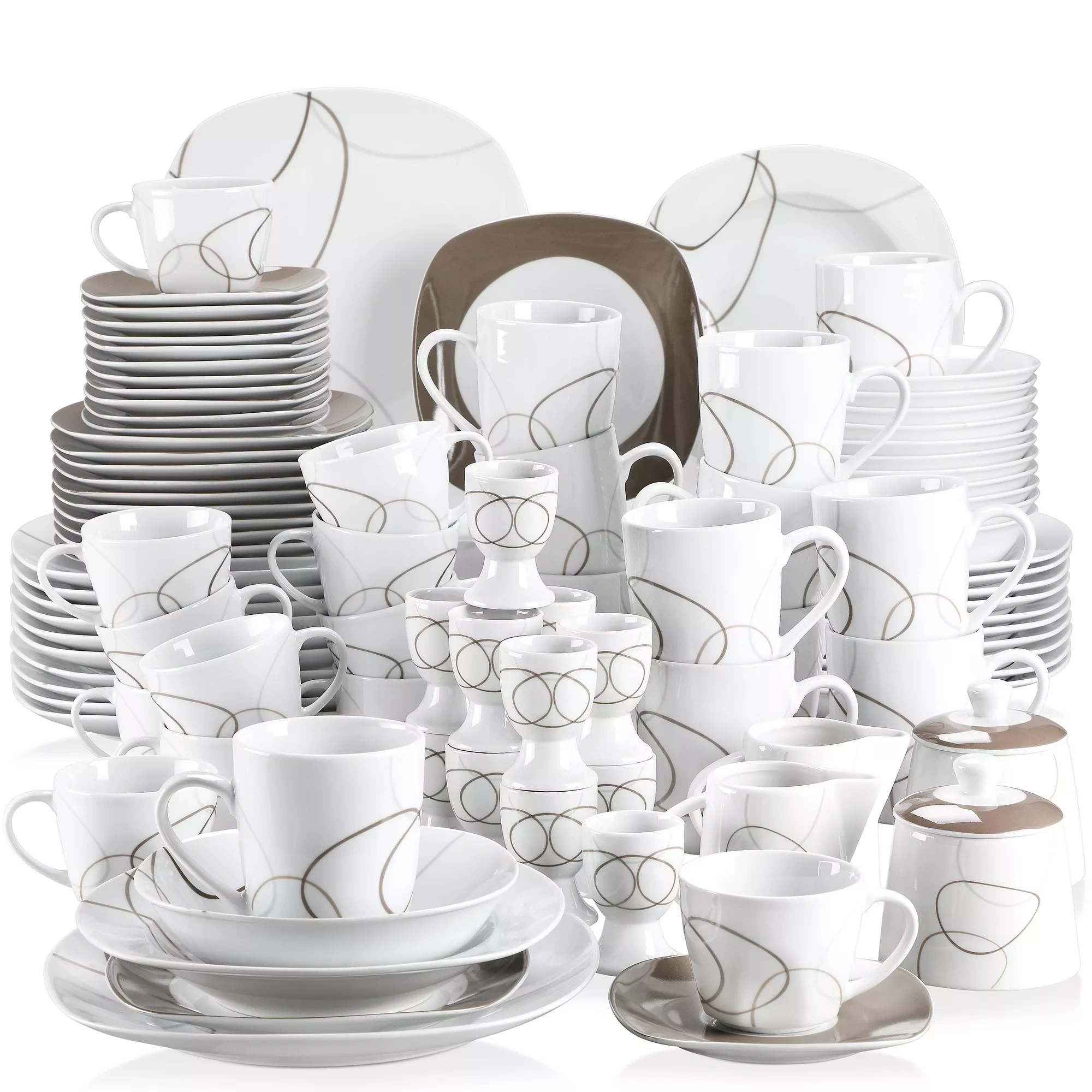 100-Piece Porcelain Dinner Set with Egg Cup,Cup&Saucer,Mug,Dessert&Soup&Dinner Plate,Bowl,Milk Jug&Sugar Pot