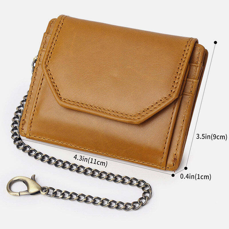 Men's Trifold Wallet Slim Genuine Leather Wallet Card Holder with Chain