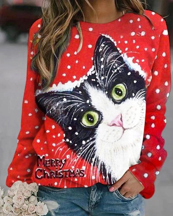 Christmas Cute Cat Digital Printed Red Sweatshirt