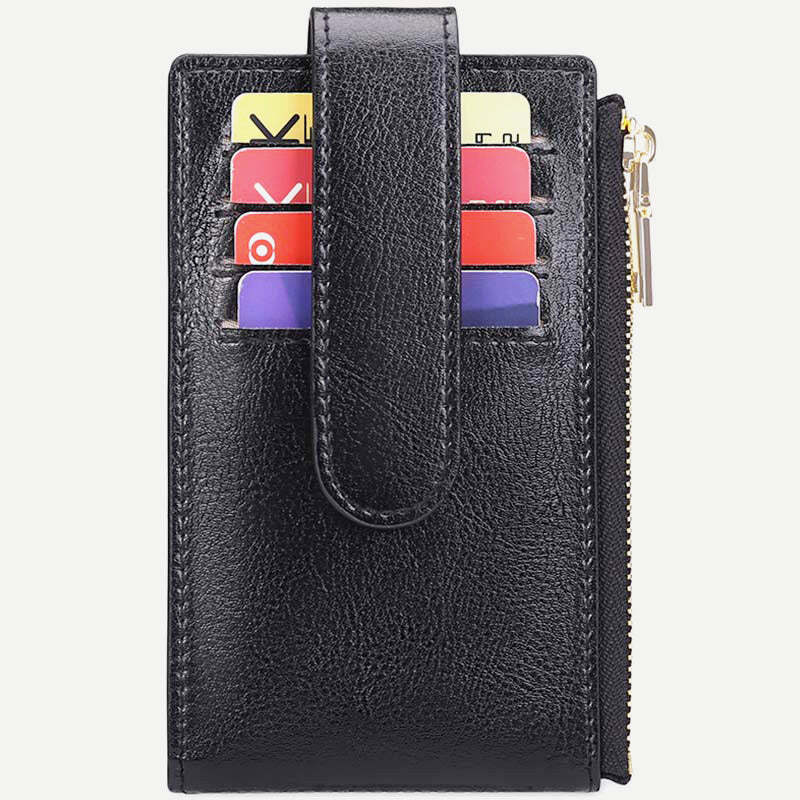 Genuine Leather Multi Card Organizer Thin Wallet Card Holder with Zipper Pocket