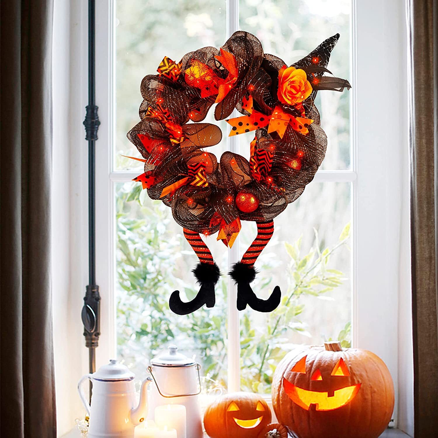 Halloween Decorations Witch Hat and Legs Wreath, Lighted with 30 LED Orange Lights, Front Door Wall Light up Wreath (40% OFF discount)