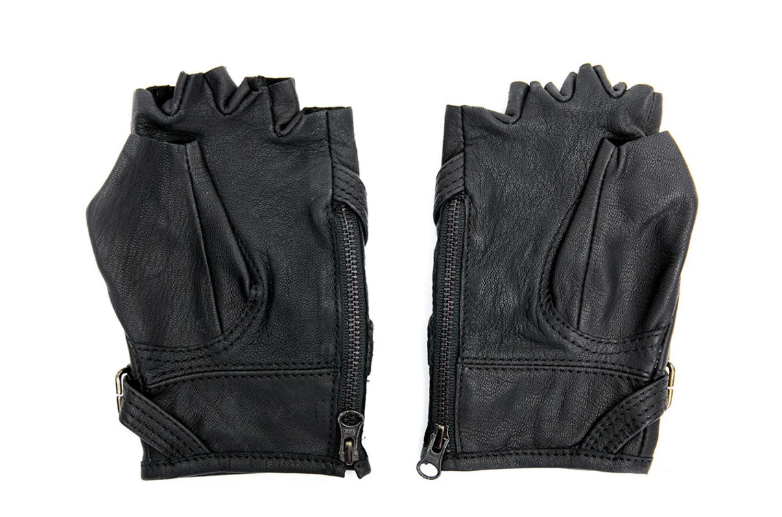 FURY ROAD Leather Fingerless Strapped Goat Skin Unisex Driving Gloves
