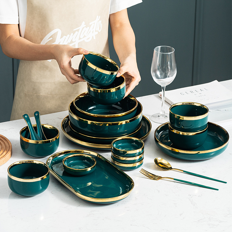 Ceramic Dinner Plates Dinnerware Set Dishes Luxury Green Food Dessert Plate Salad Soup Bowl Tableware Set for Restaurant Hotel