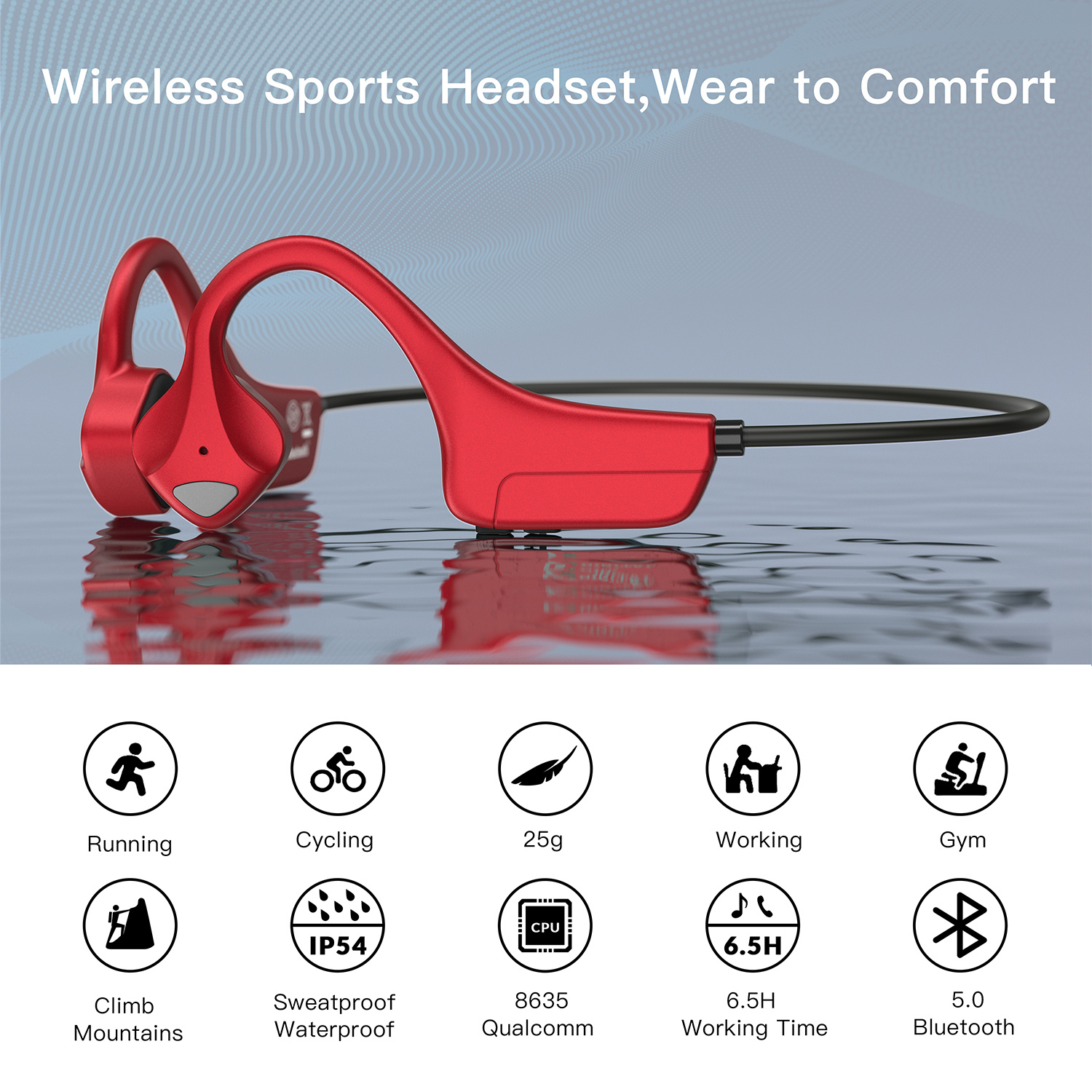 Bone Conduction Headphones with Noise Reduction Tech, 9 Digital N1 Open Ear Headphones with MIC, Waterproof Wireless Bluetooth 5.0 Sport Headset for Running, Bicycling, Hiking, Yoga -Red
