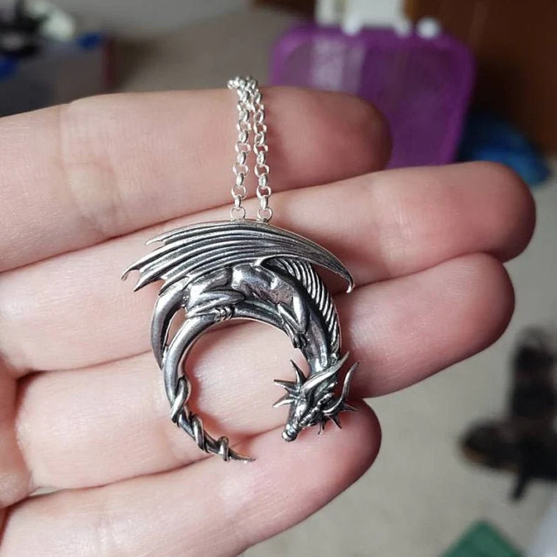 Sterling silver dragon moon necklace