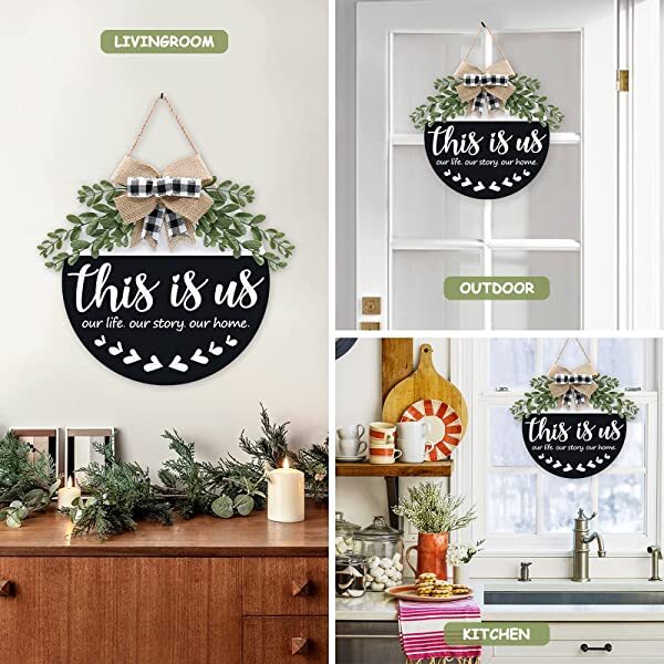This is Us Door Wreath Welcome Wreaths Hanging Porch Sign with Greenery Bow Rustic Round Welcome Sign Farmhouse Front Door Decor Wooden Hanger Family Signs for Home Thanksgiving- 12 inch (Black)