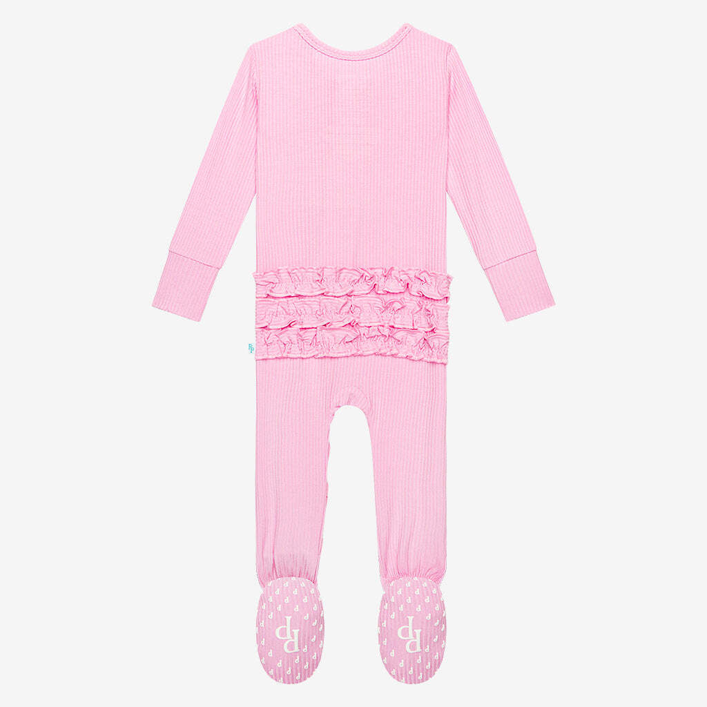 Posh Pink Ribbed Footie Ruffled Zippered One Piece