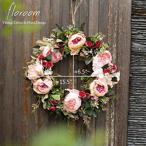 Floral Wreath, Door Wreath, Artificial Peony Wreath for Front Door 15''-16'', Front Door Decorations Wall Decor Pink 15inch