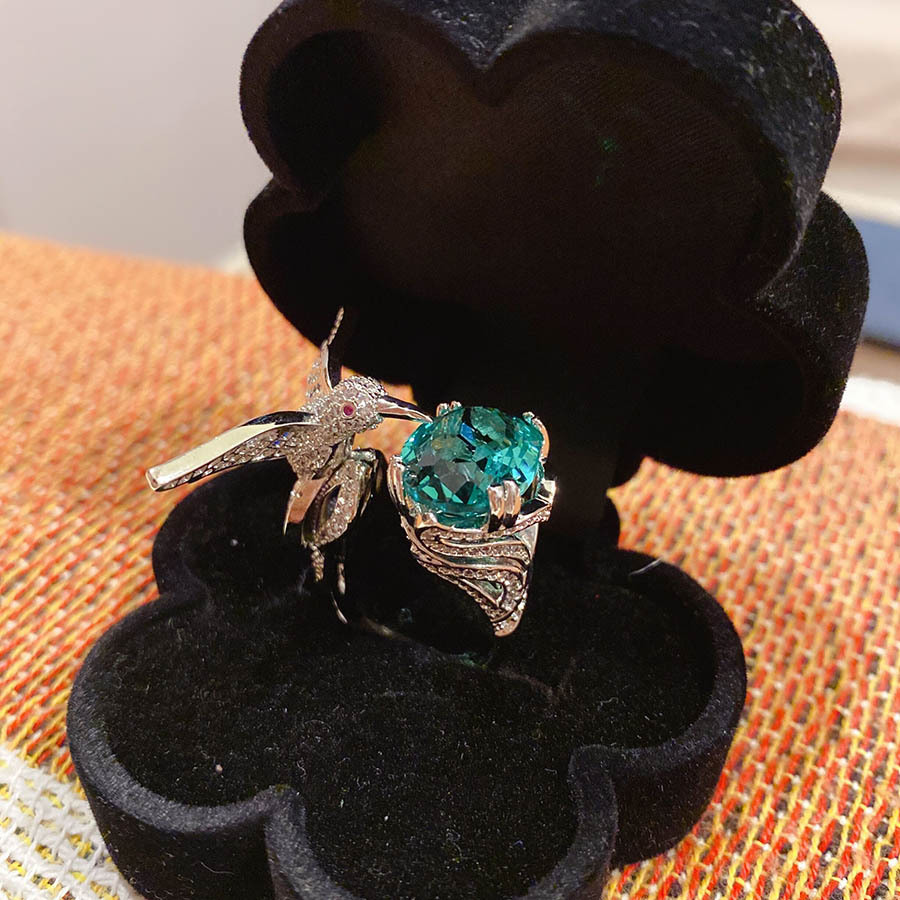 Blue diamond hummingbird openign ring Green oval Luxury elegant adjust index finger ring animals jewelry for women