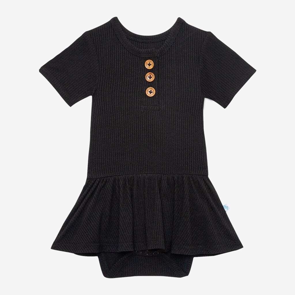 Black Ribbed Short Sleeve Henley Twirl Skirt Bodysuit