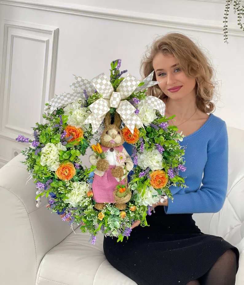Bunny Easter Wreaths for Front Door, Large Easter Wreath, Floral Spring Wreath