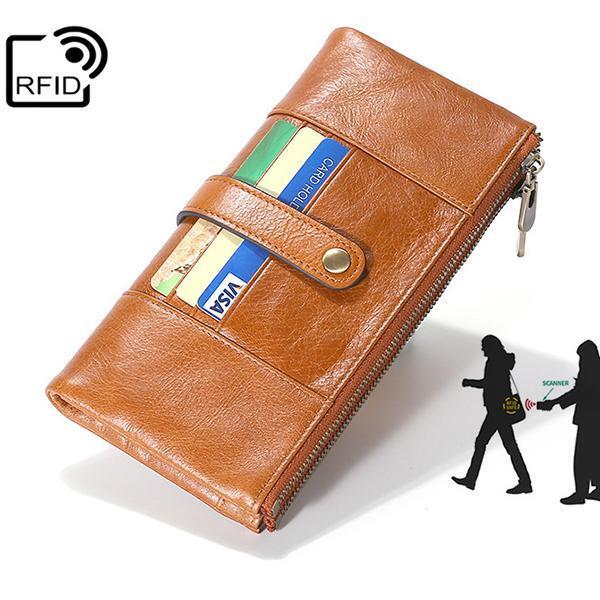 RFID Genuine Leather Double Zipper Wallet