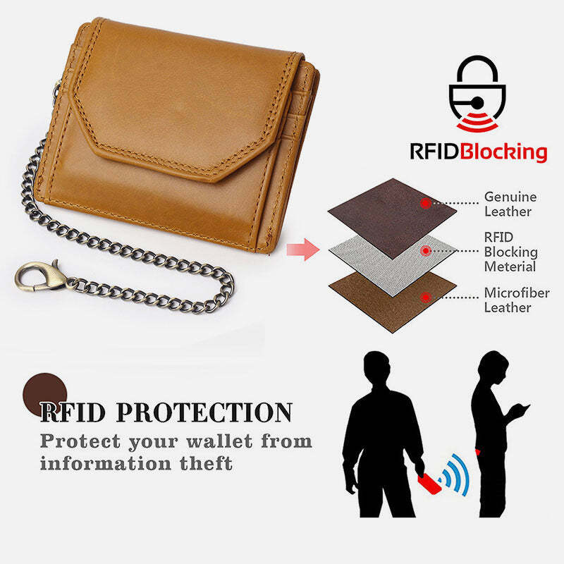 Men's Trifold Wallet Slim Genuine Leather Wallet Card Holder with Chain