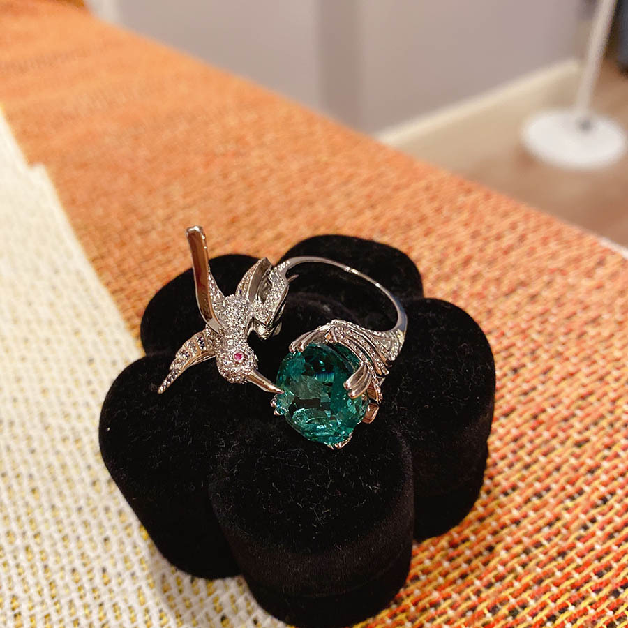 Blue diamond hummingbird openign ring Green oval Luxury elegant adjust index finger ring animals jewelry for women