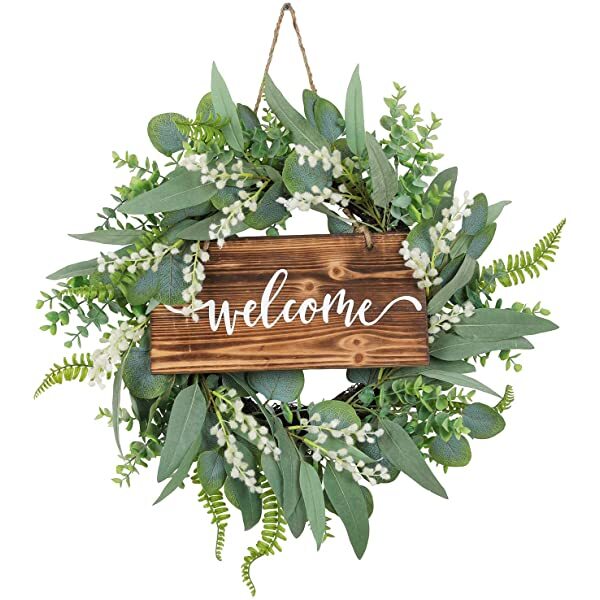20 Inch Green Eucalyptus Wreath for Front Door- Handicraft Bamboo Frame with Versatile Silk Leaves - Ideal Spring & Summer Decorating for Indoor & Outdoor Use (White) Green,white