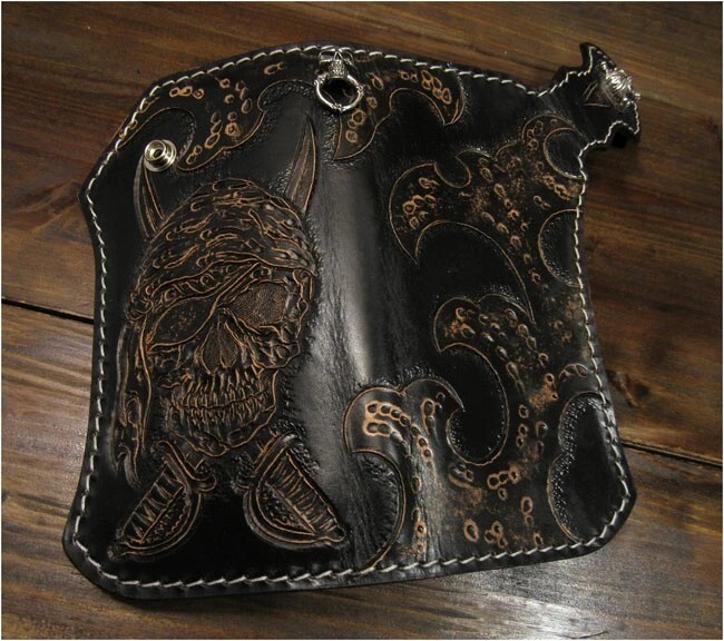 Hand Pirate/Skull Carved Leather Wallet Biker Wallet