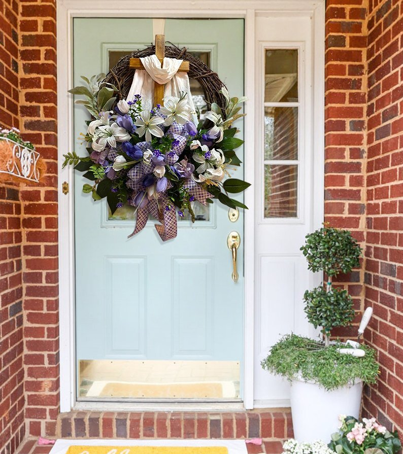 💖(Easter Sale 40%)Easter Wreath with Cross for Front Door|Religious Easter Spring Wreath💖