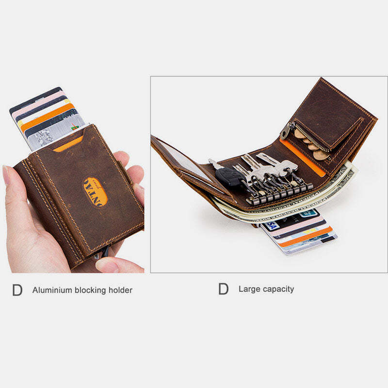 RFID Multifunctional Retro Genuine Leather Short Wallet With Key Chain Holder Blocking Card Holder