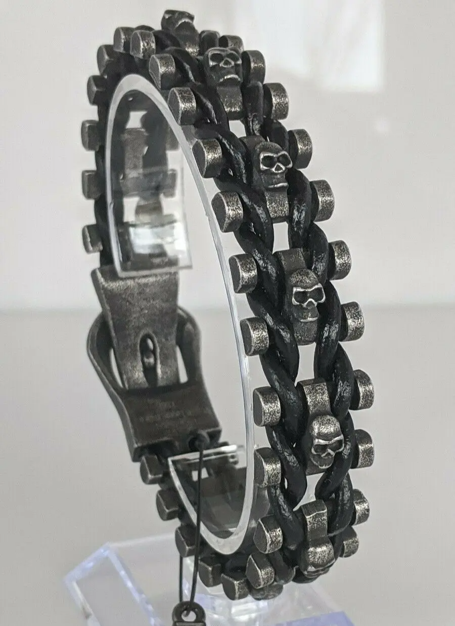 Premium Men's Stainless Steel & Leather Skull Biker Bracelet