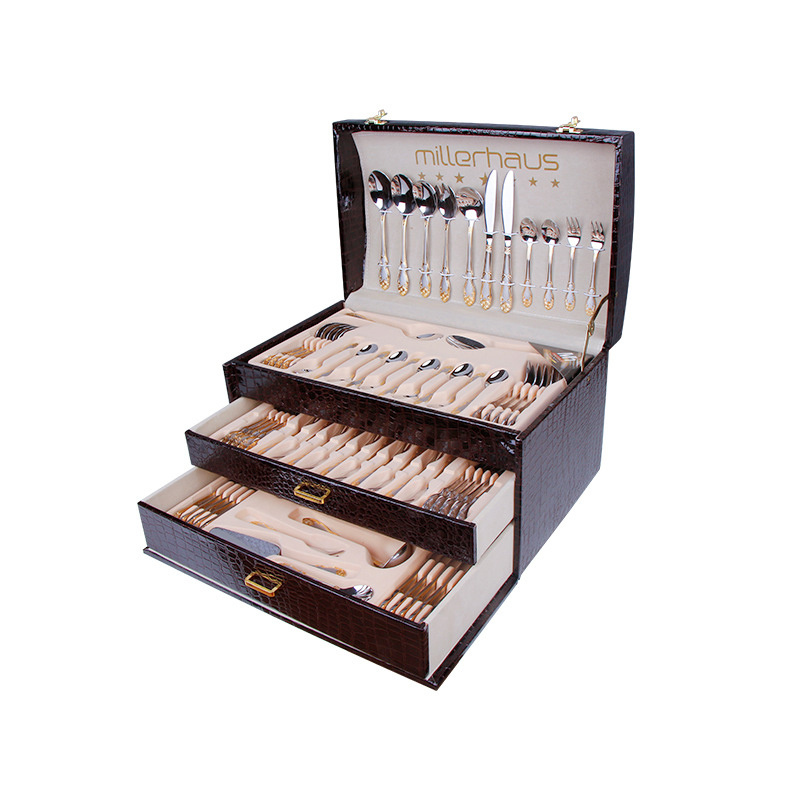 86PCS Gift Box 18/10 Multifunctional Luxury Gold Inlay Stainless Steel Cutlery Set HomeTableware