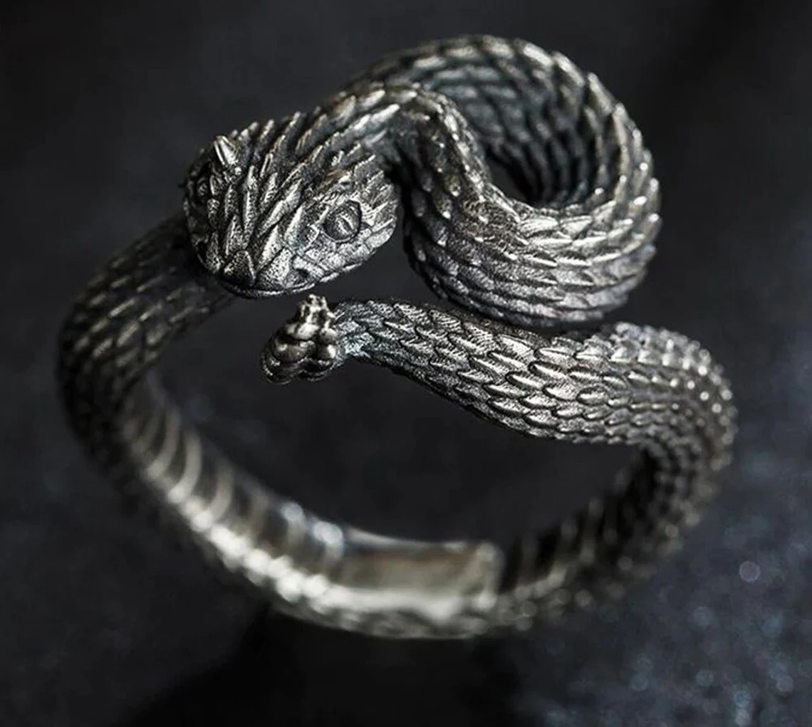 VINTAGE SILVER PLATED RATTLESNAKE ADJUSTABLE GOTHIC RINGS