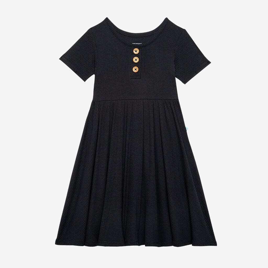 Black Ribbed Short Sleeve Henley Twirl Dress