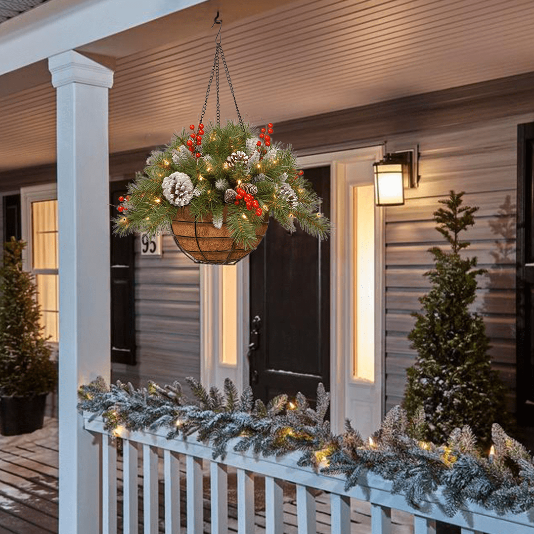 Pre-lit Artificial Christmas Hanging Basket - Flocked with Mixed Decorations and White LED Lights - Frosted Berry