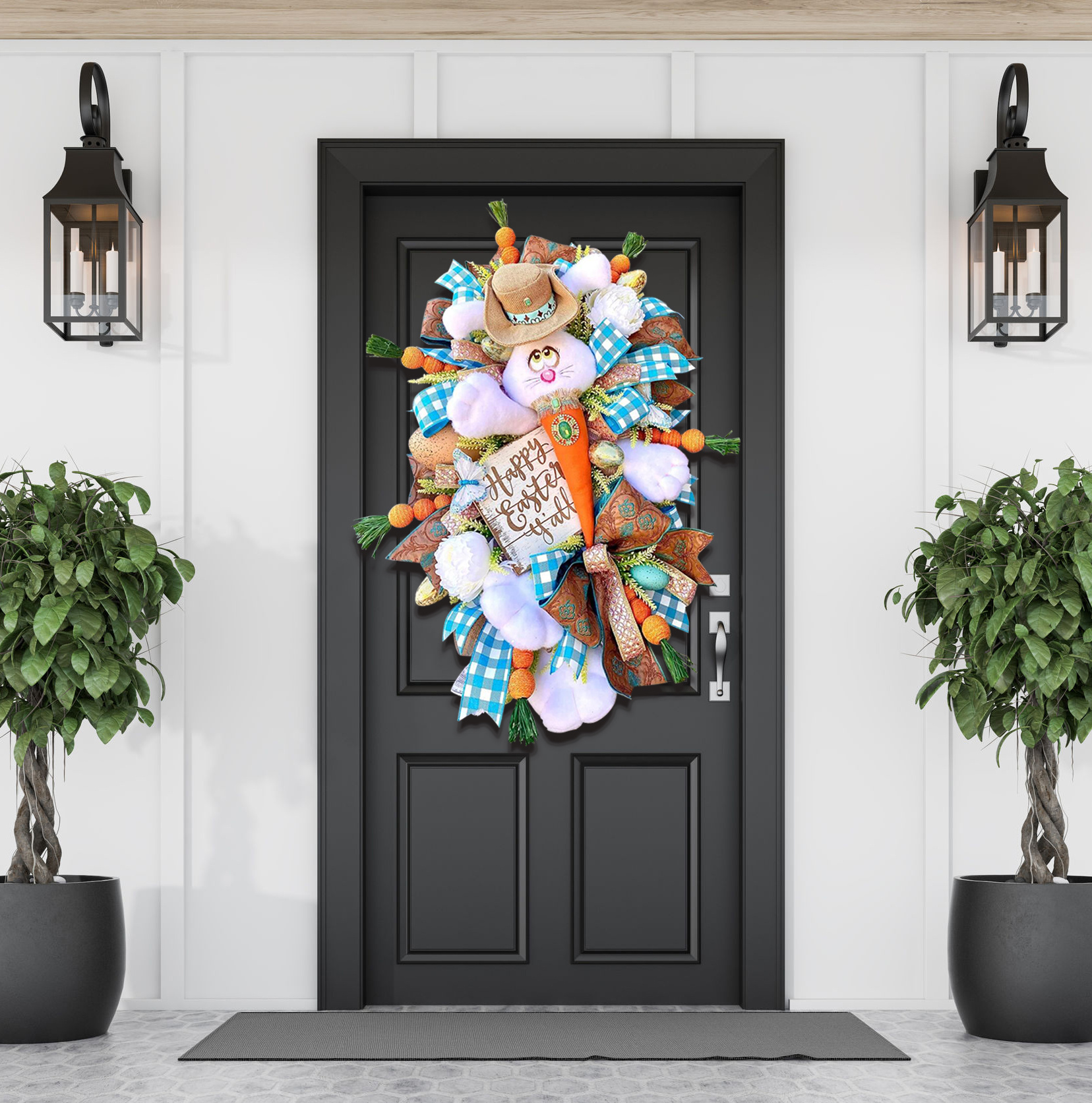 Front door wreath for Easter - Carrot Cowboy Bunny