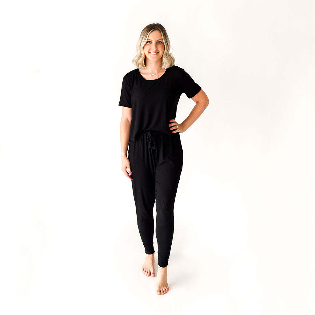 Black Ribbed Women's Short Sleeve Scoop Loungewear