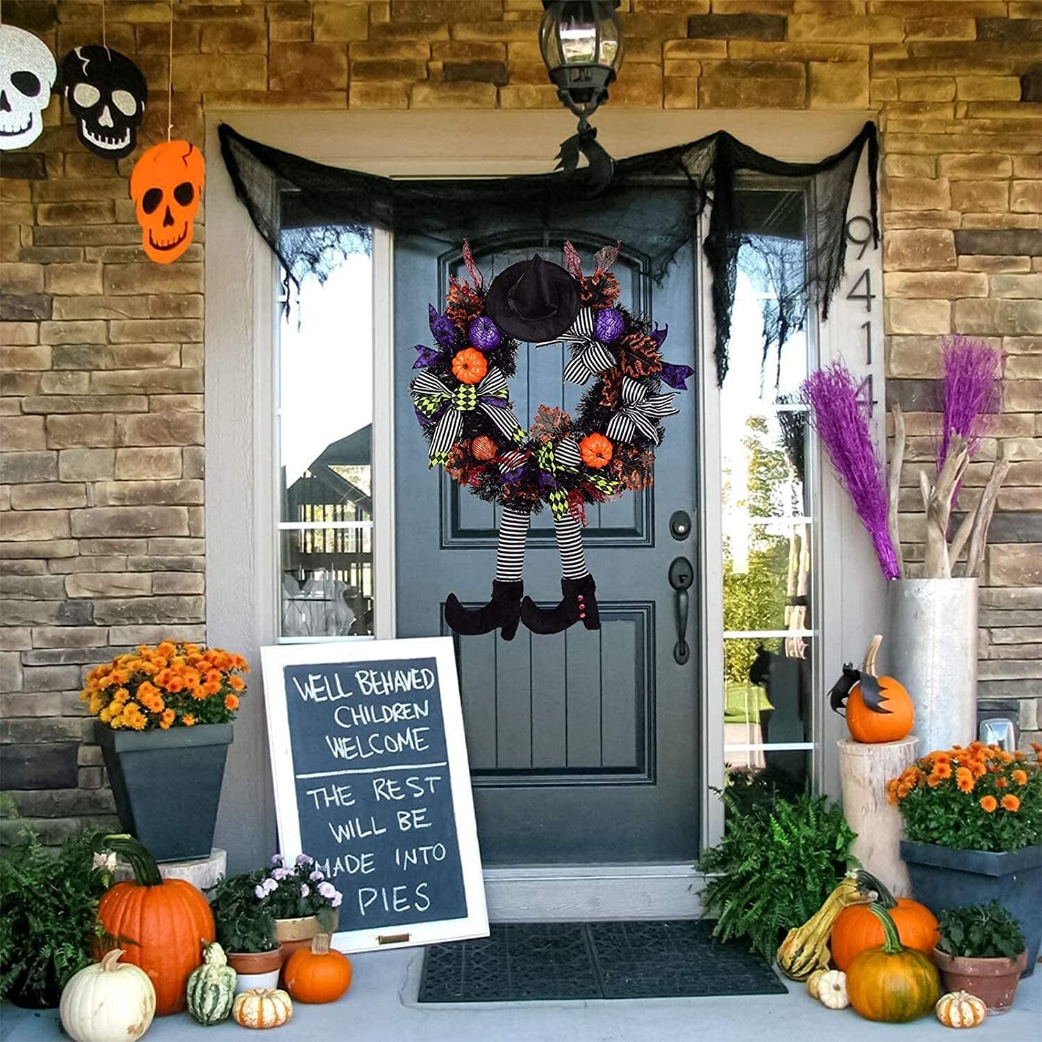 Halloween Wreath Door Hanging Wreath Skeleton Haunted House Decoration Pendant Ghost Festival Horror Party Pendant