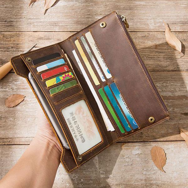Multi-Card Genuine Leather Two-Fold Wallet Phone Bag