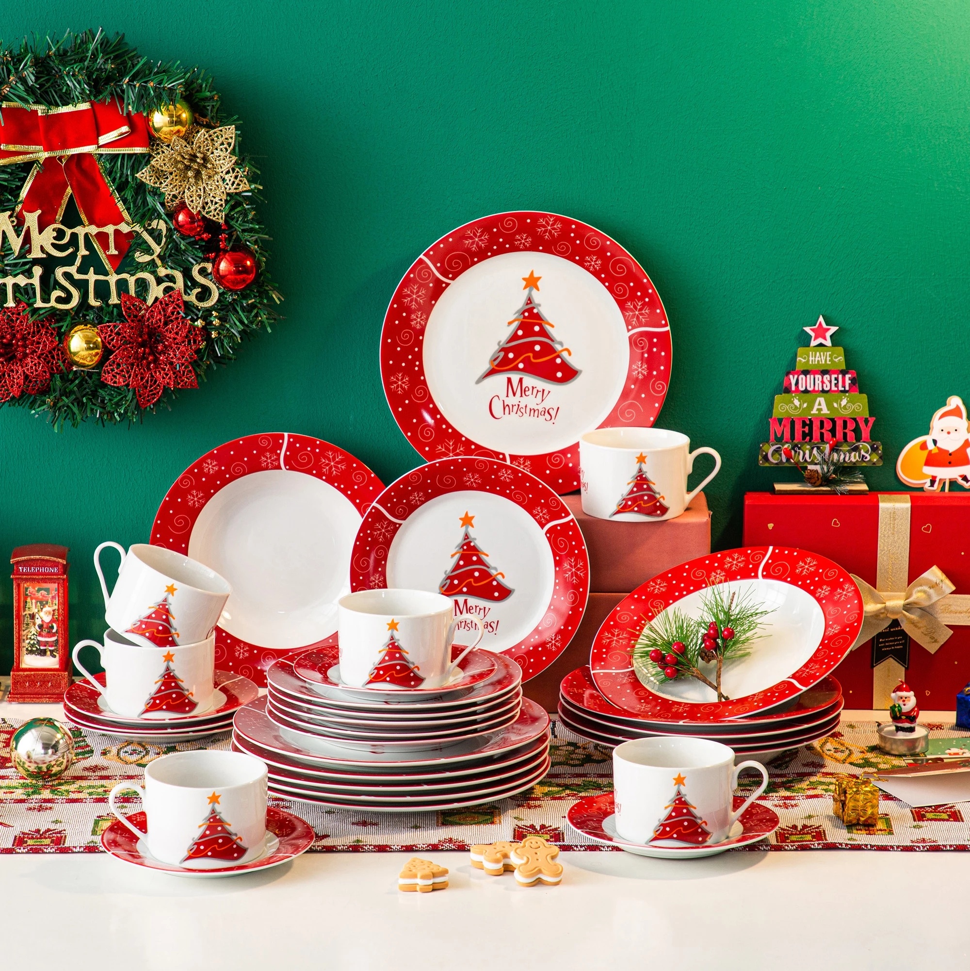 60-Piece Christmas Style Porcelain Dinnerware Set with 12*Cup,Saucer,Dessert Plate,Soup Plate,Dinner Plate Set Gift
