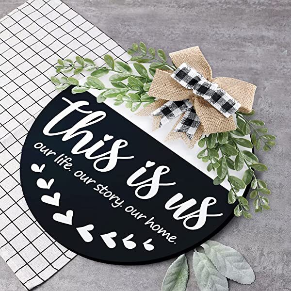 This is Us Door Wreath Welcome Wreaths Hanging Porch Sign with Greenery Bow Rustic Round Welcome Sign Farmhouse Front Door Decor Wooden Hanger Family Signs for Home Thanksgiving- 12 inch (Black)